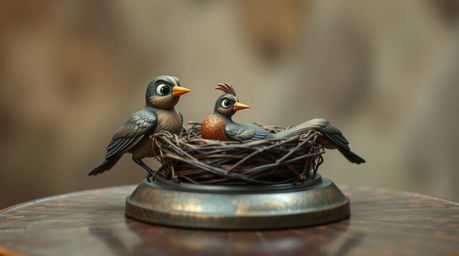 Delightful image of two cartoon birds meticulously constructing a nest, rendered in a classic animation style.  The bronze su