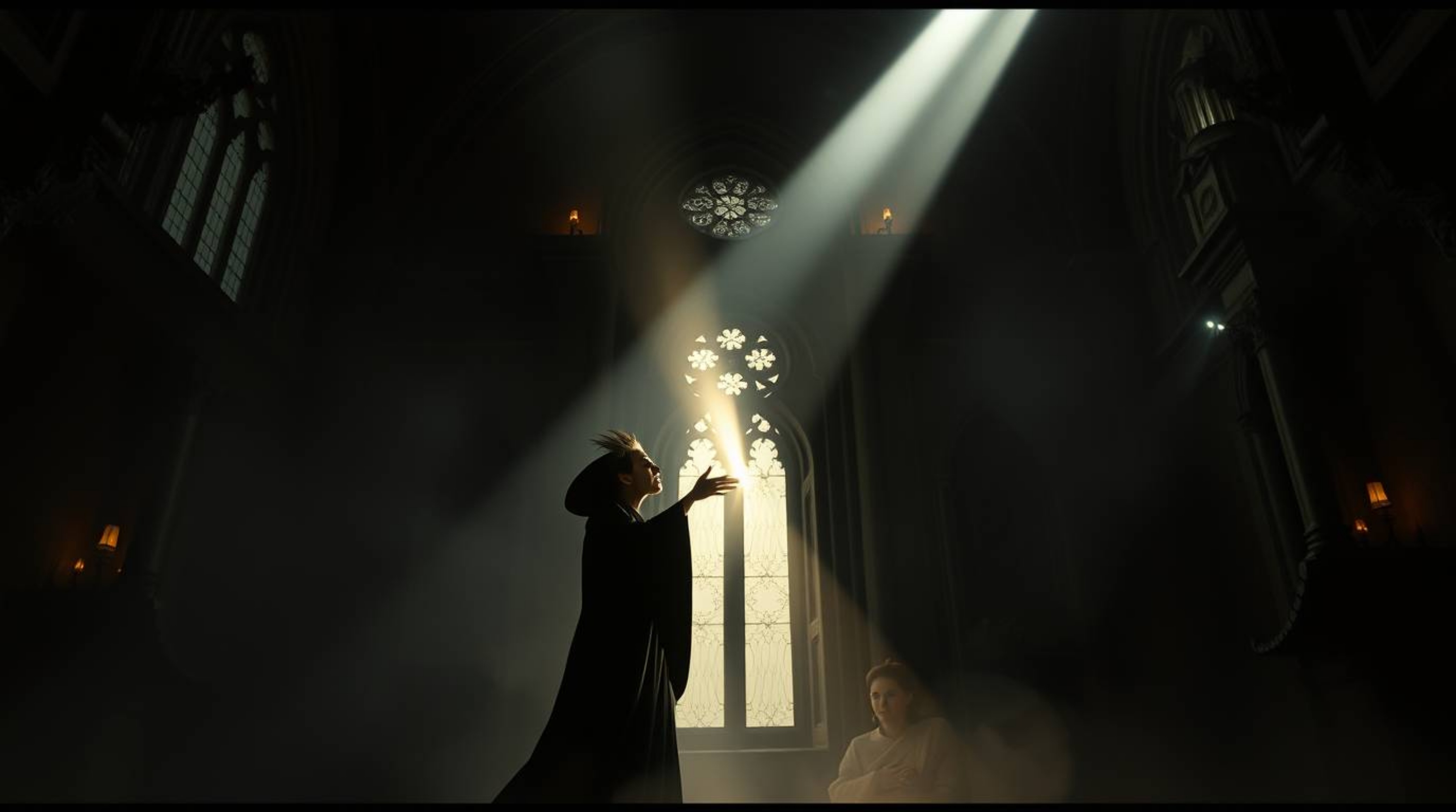 A captivating digital painting depicting a graceful and elegant Disney villain casting a spell within an old, atmospheric cas