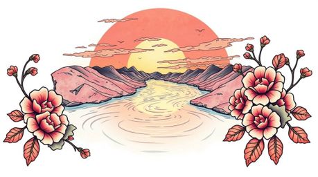 This symbolic traditional tattoo art print showcases a close-up of a winding river glowing under a dramatic orange-pink sunse