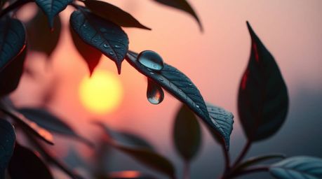 Experience the beauty of a sunset reflecting in raindrops on leaves, captured with a soft cinematic haze and soft focus. This