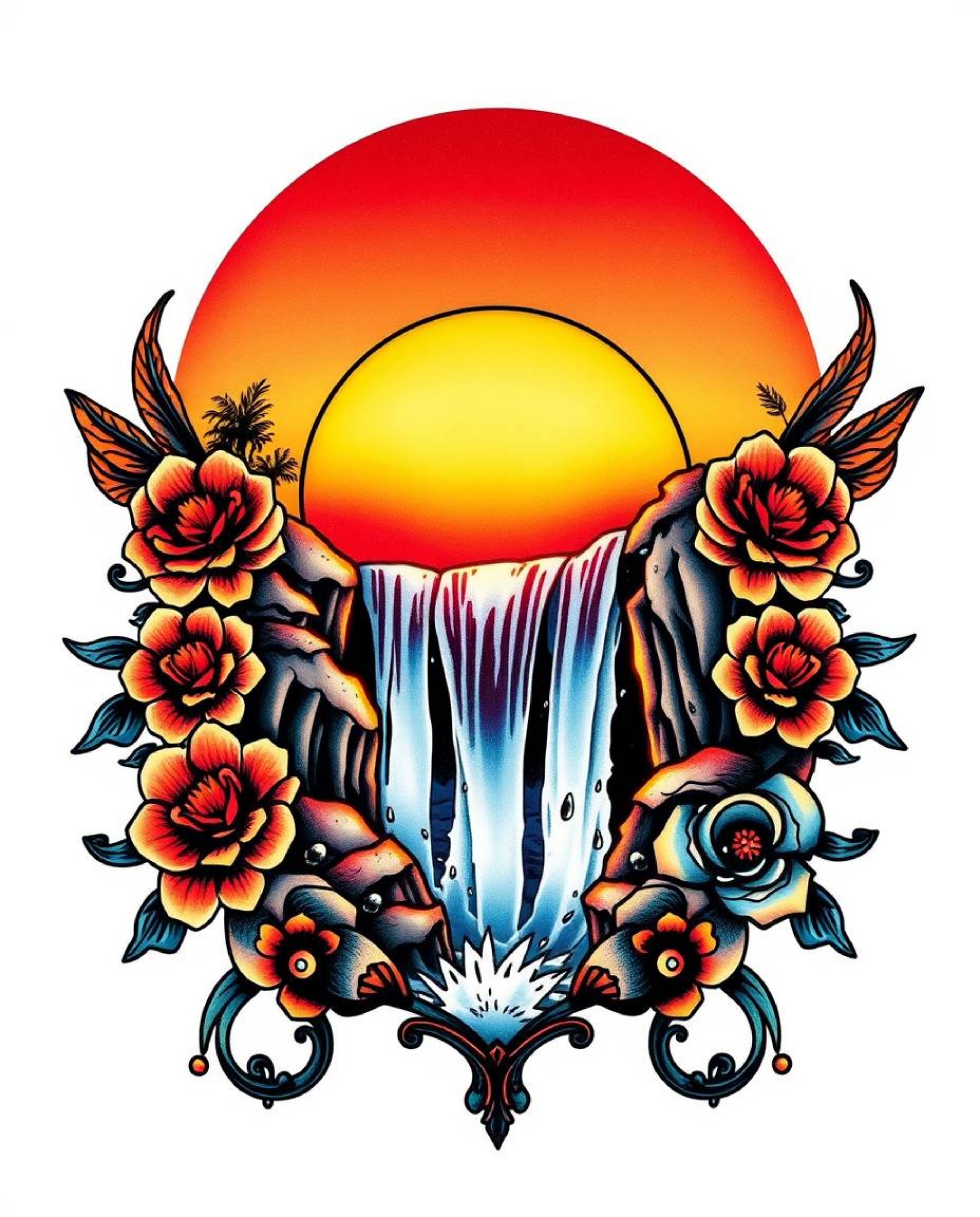 A traditional tattoo art print featuring a vibrant sunset behind a dramatic waterfall. This piece has a distinct retro flair,