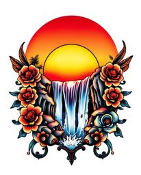 A traditional tattoo art print featuring a vibrant sunset behind a dramatic waterfall. This piece has a distinct retro flair,