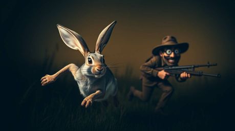 Experience the chaotic energy of a wacky rabbit with oversized features hilariously outsmarting a hunter in a comical chase. 