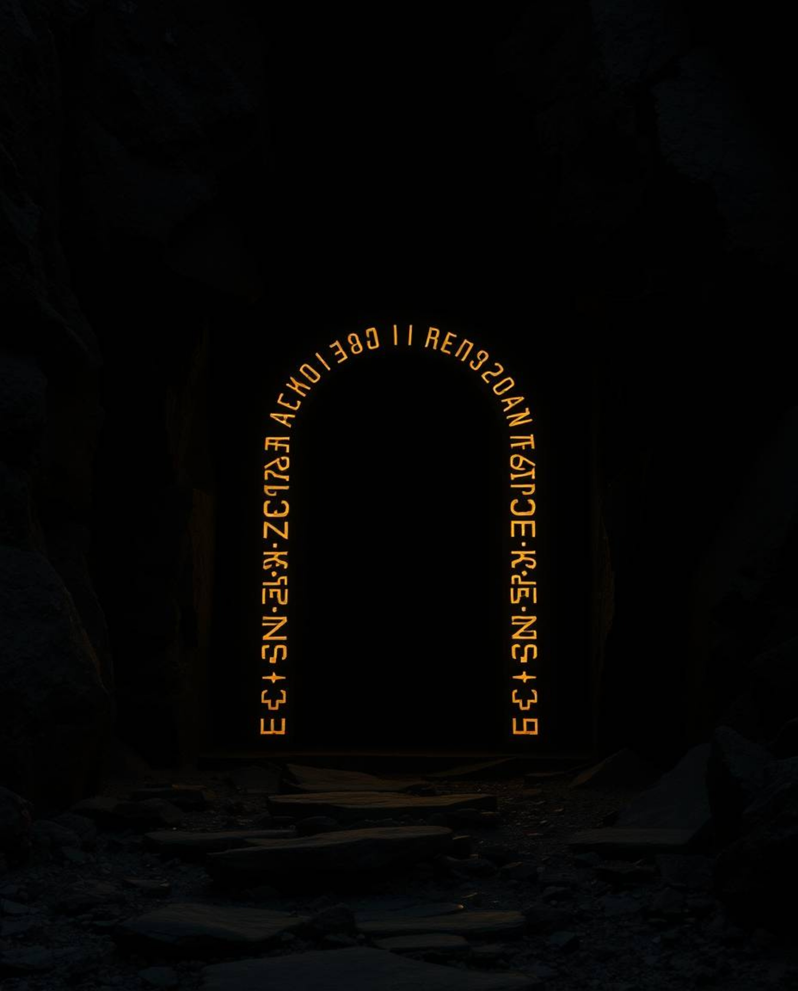 An ancient doorway, hewn into the side of a majestic mountain, radiates an intense jet black aura punctuated by glowing runes