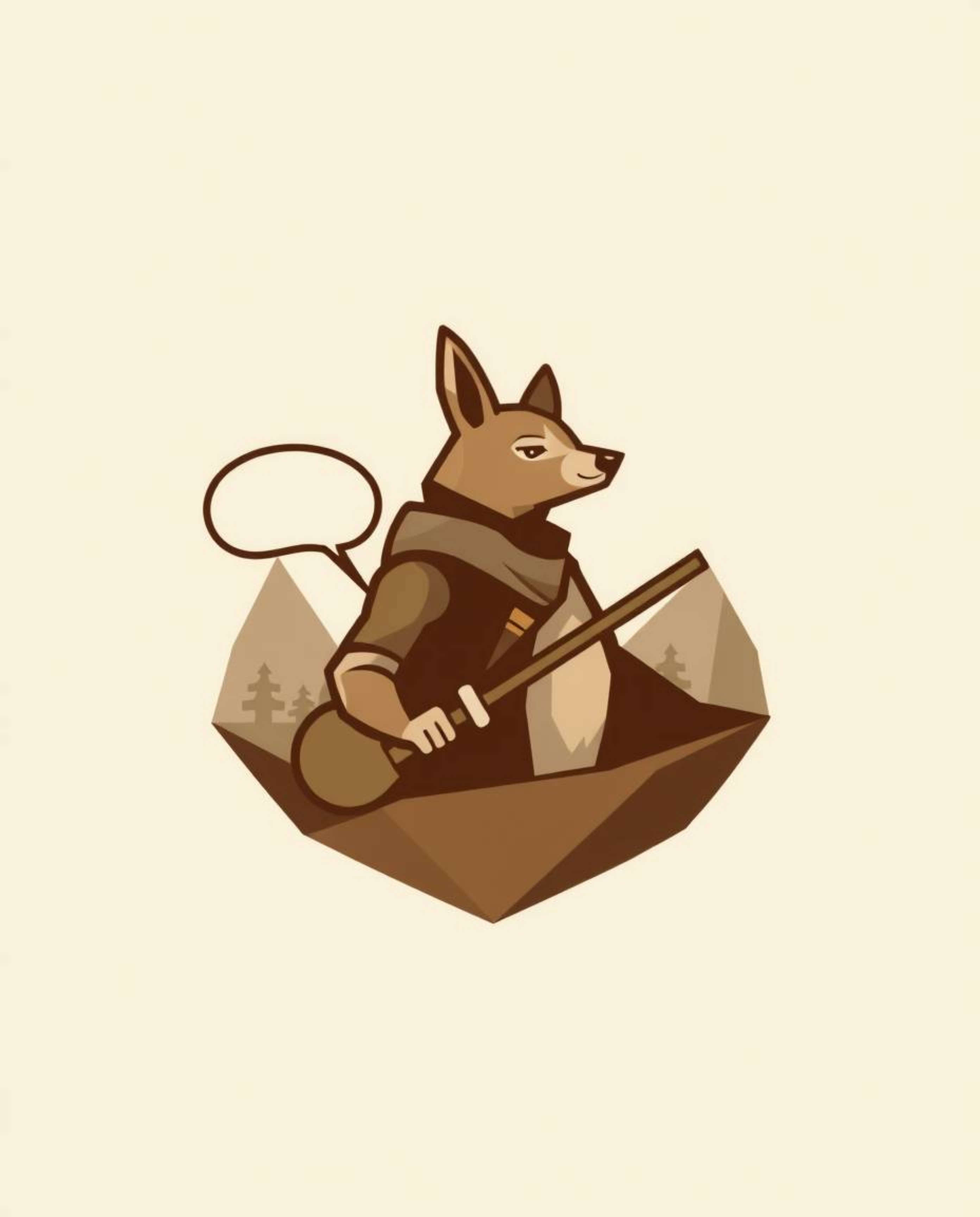 This geometric logo design features a talking animal sidekick assisting a hero on their journey. Rendered in natural earth t