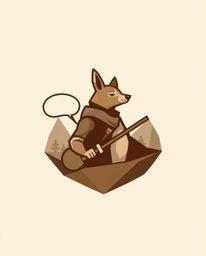 This geometric logo design features a talking animal sidekick assisting a hero on their journey.  Rendered in natural earth t