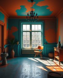 A room exploding with paint is visualized with high contrast and low-key lighting, emphasizing the warm terracotta and cool t