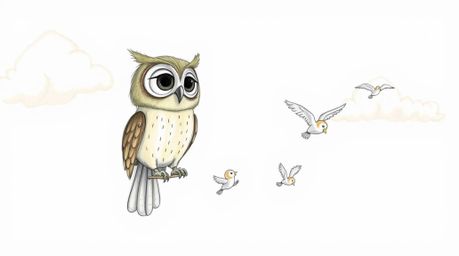 A whimsical, hand-drawn sketch, reminiscent of Pixar, depicts a blind owl with large, expressive eyes mentoring small birds m
