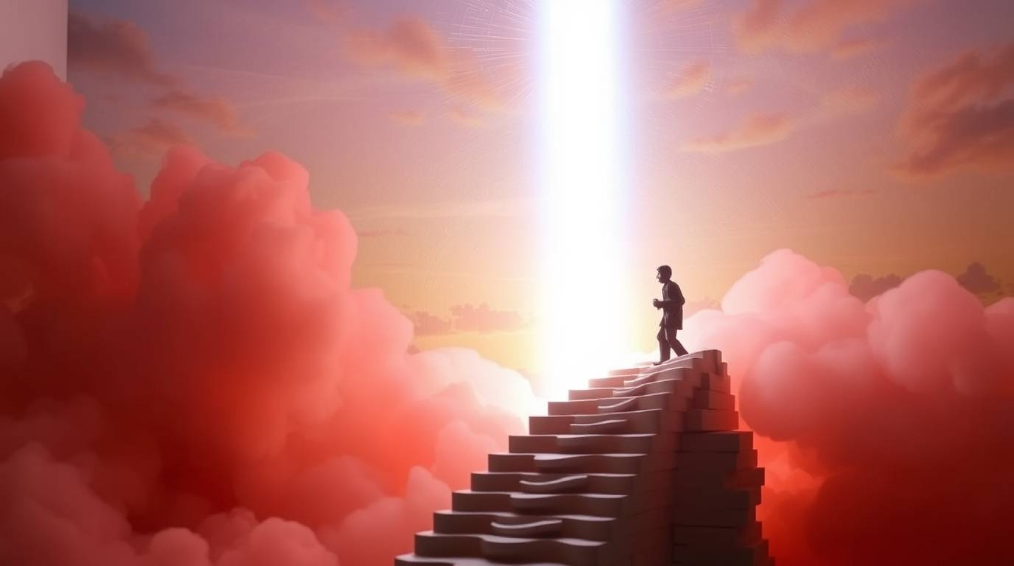 A layered papier-mâché sculpture presents a captivating scene: a solitary figure ascends a stone staircase, drawn towards a d