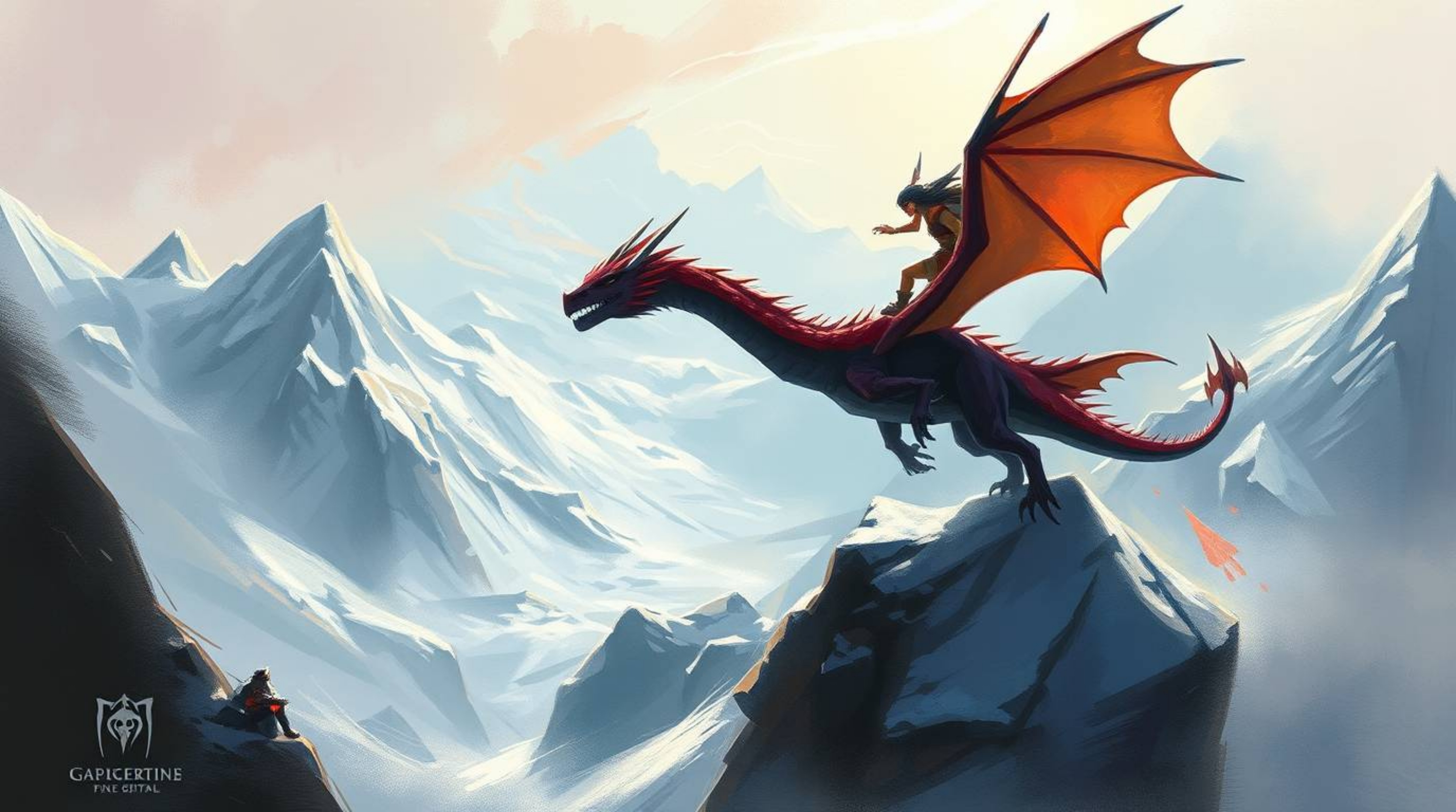 A dynamic digital painting showcases a dragon and its rider soaring above a breathtaking landscape of icy mountains.  Created