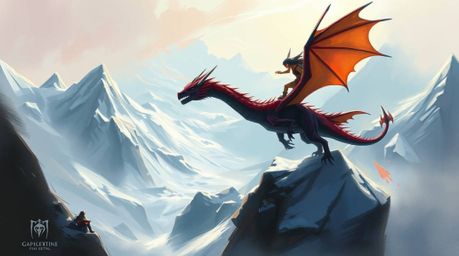 A dynamic digital painting showcases a dragon and its rider soaring above a breathtaking landscape of icy mountains.  Created