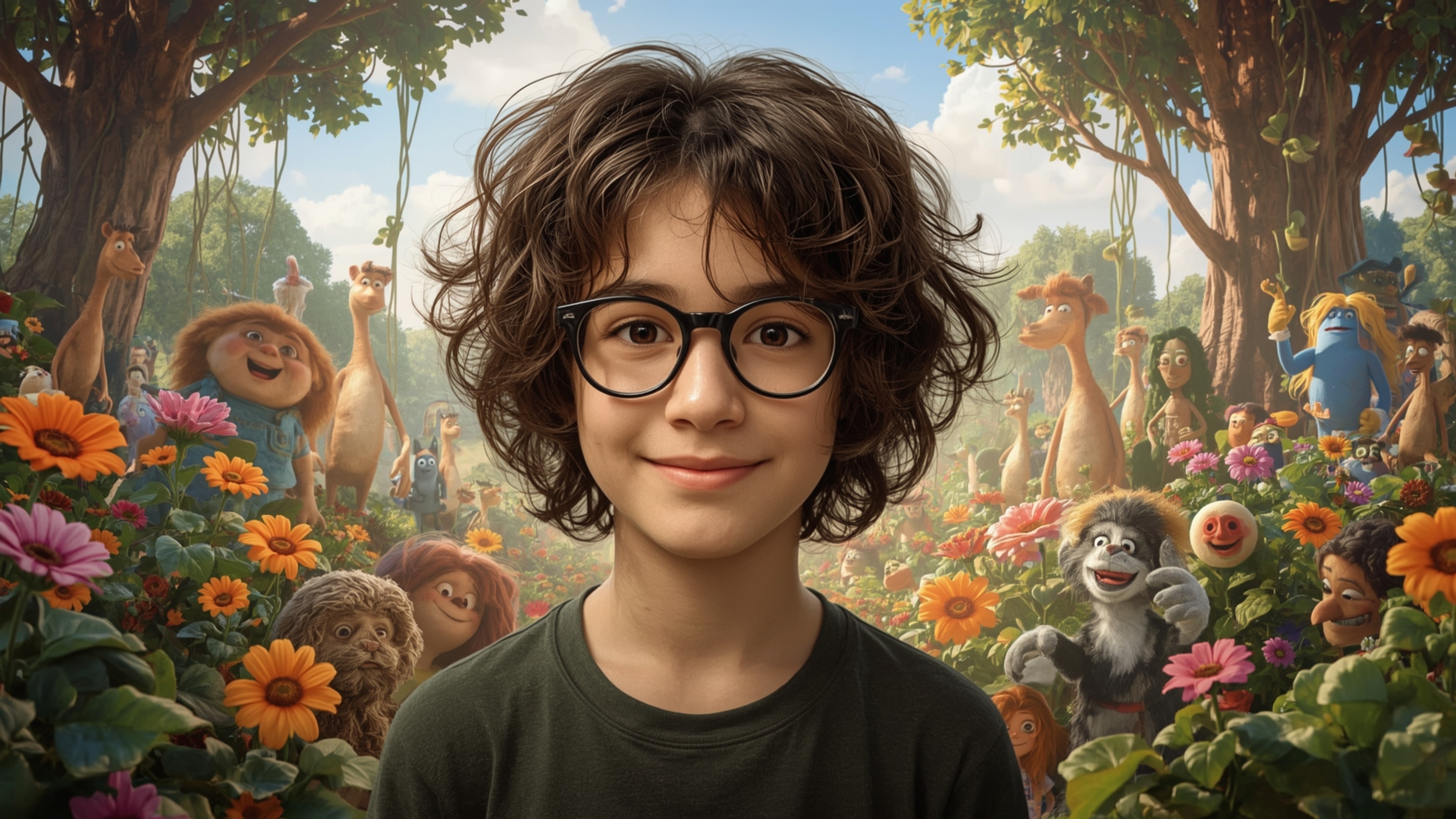 This highly detailed, high-resolution stock photo, reminiscent of a Pixar film, captures a bespectacled, bright-eyed homescho