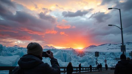 This collection of candid street photography captures the dramatic intensity of a sunset over icy polar glaciers.  The images