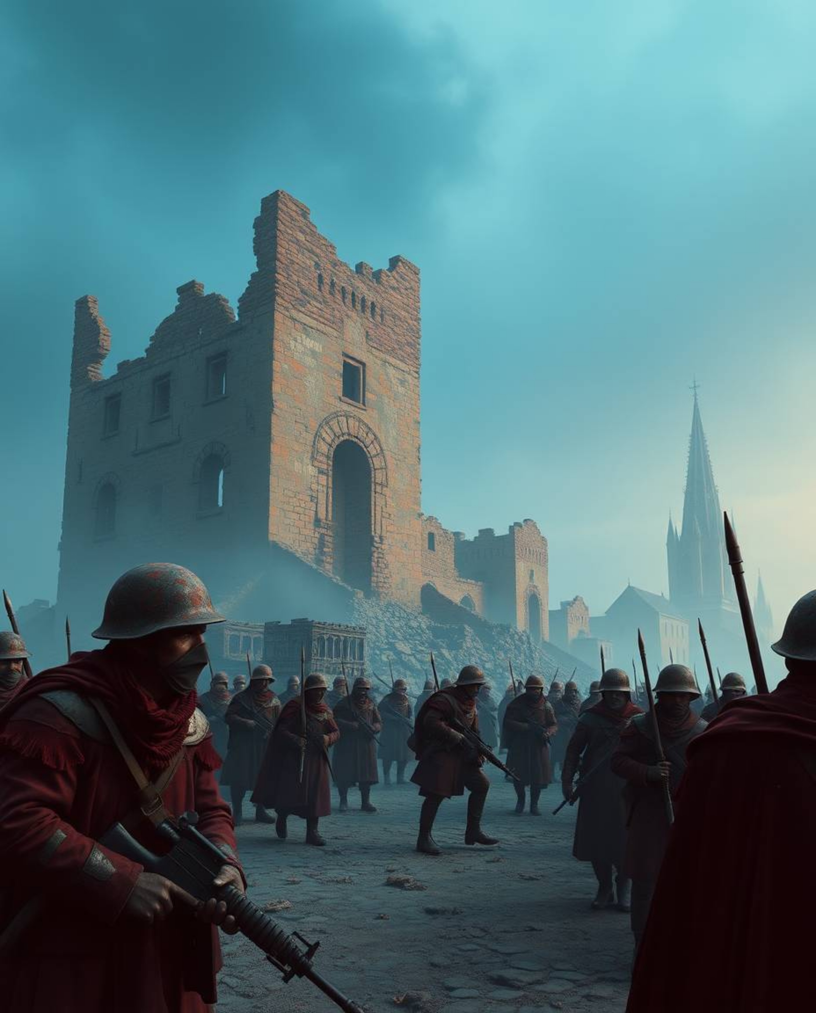 Explore a mesmerizing battlefield scene featuring time-warped soldiers and crumbling buildings bathed in a soft, hazy light. 