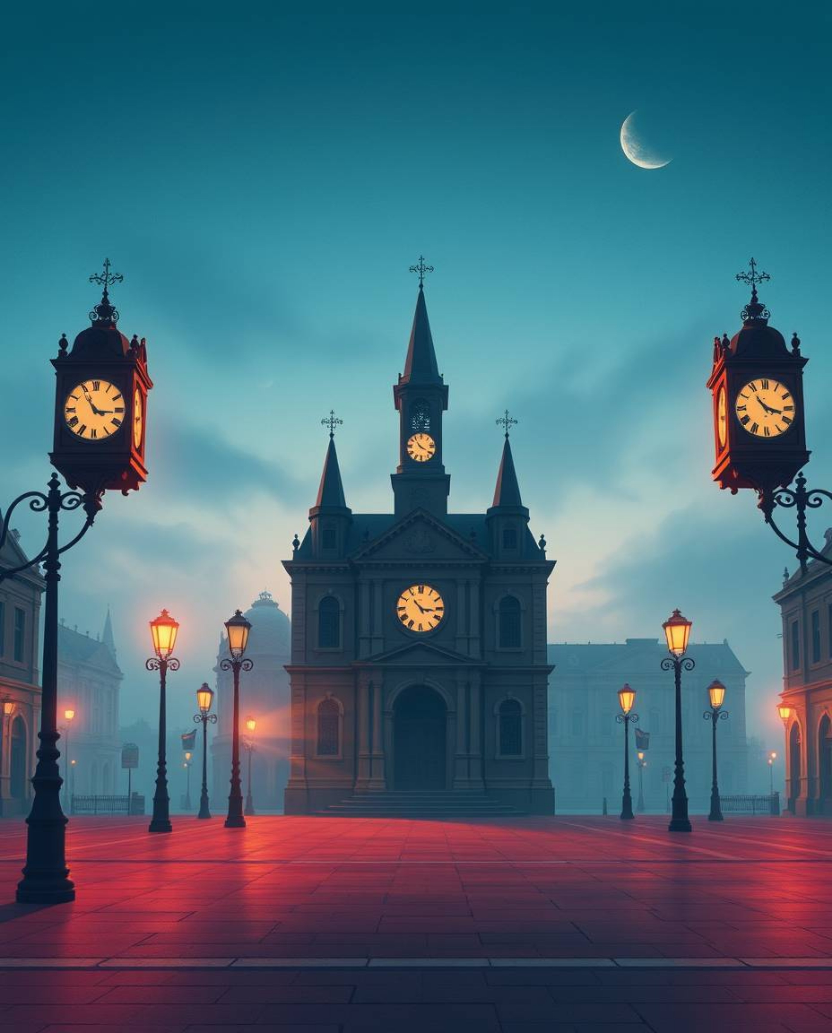 Explore a dramatic cinematic illustration of an empty town square, characterized by the haunting presence of ticking clocks. 