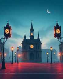 Explore a dramatic cinematic illustration of an empty town square, characterized by the haunting presence of ticking clocks. 