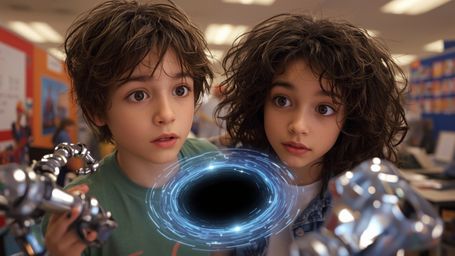 In a vibrant, cinematic photograph styled after Pixar, a science fair duo, a boy with messy brown hair and a girl with curly 