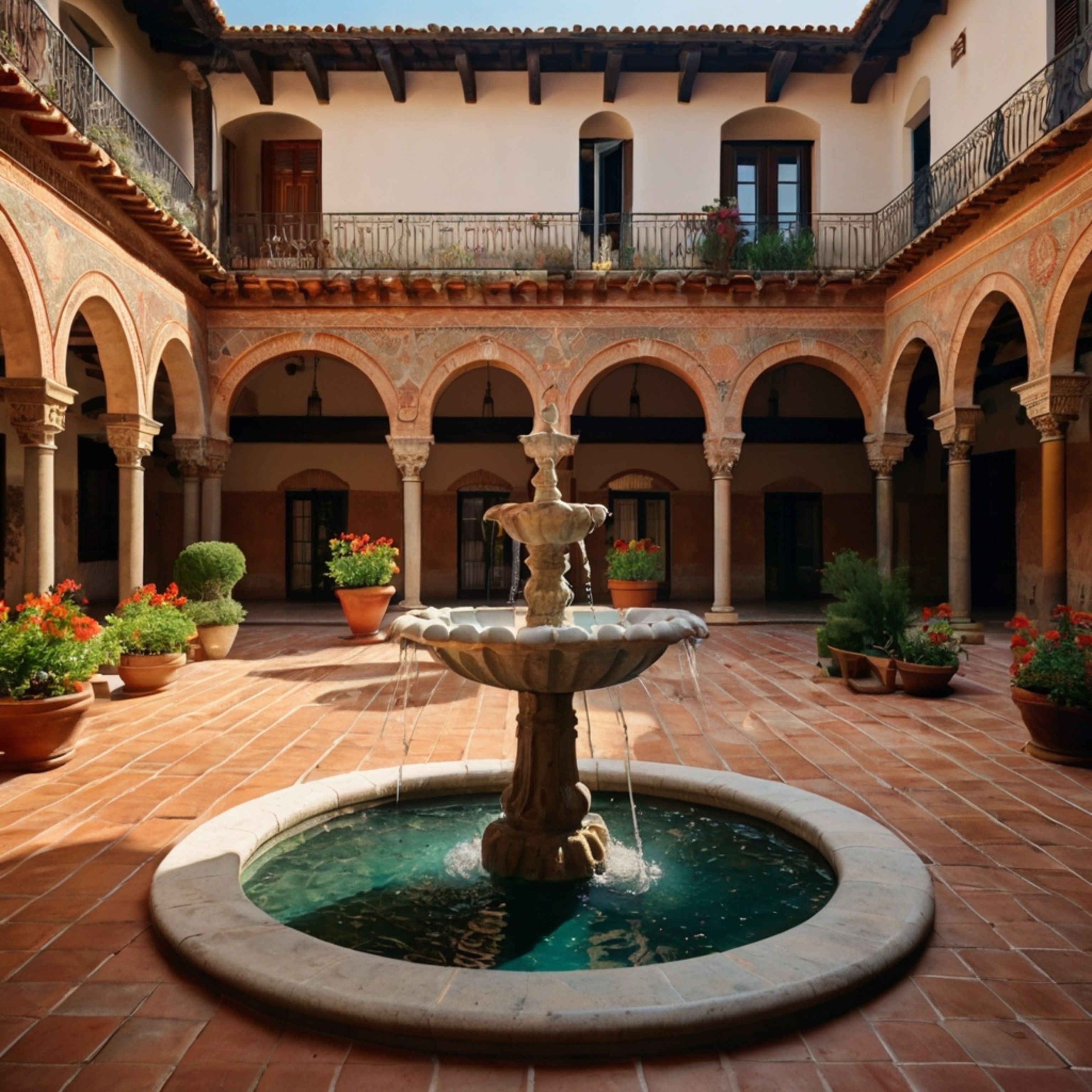 Immerse yourself in the charm of a classic Spanish courtyard. Featuring warm terracotta tiles, vibrant flowers bursting with 