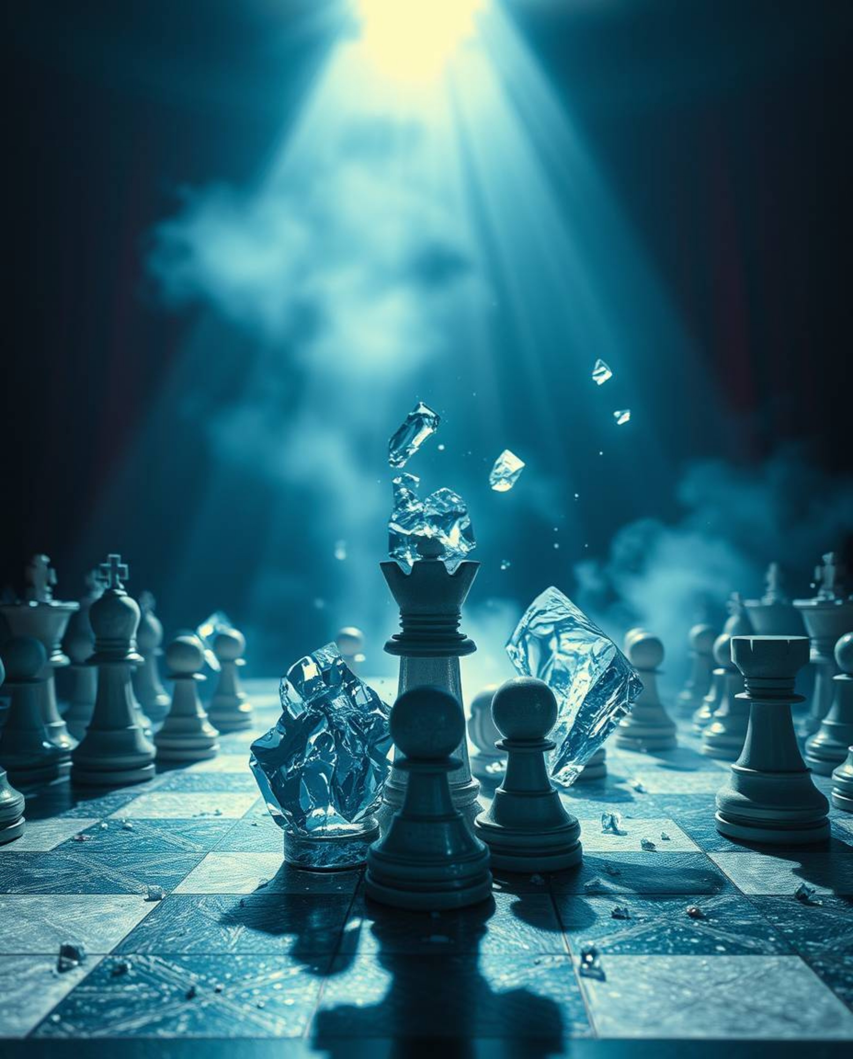 A visually stunning image capturing a grand and epic scene of a chessboard in mid-destruction, with pieces frozen in mid-air.