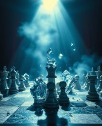 A visually stunning image capturing a grand and epic scene of a chessboard in mid-destruction, with pieces frozen in mid-air.
