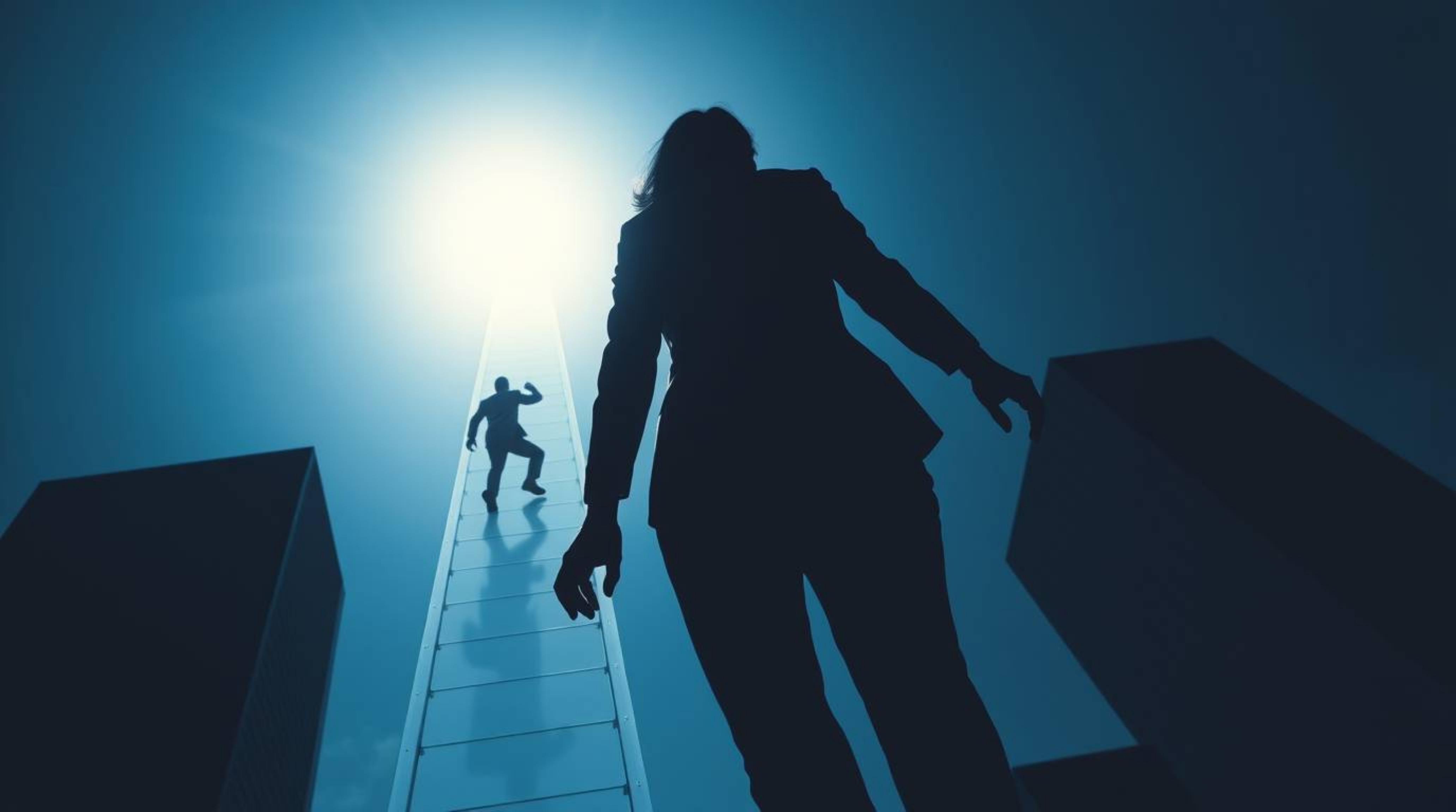 A captivating image depicts a strong, moody silhouette of a graceful businessperson ascending a transparent ladder that disap