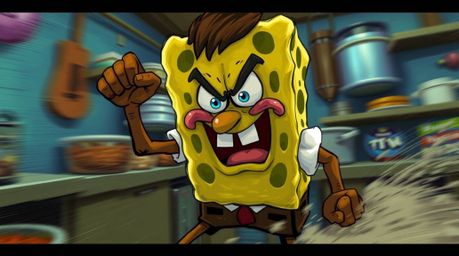 A vibrant, impressionistic depiction of a dark brown sponge character cooking in a motion-blurred underwater kitchen.  The dy
