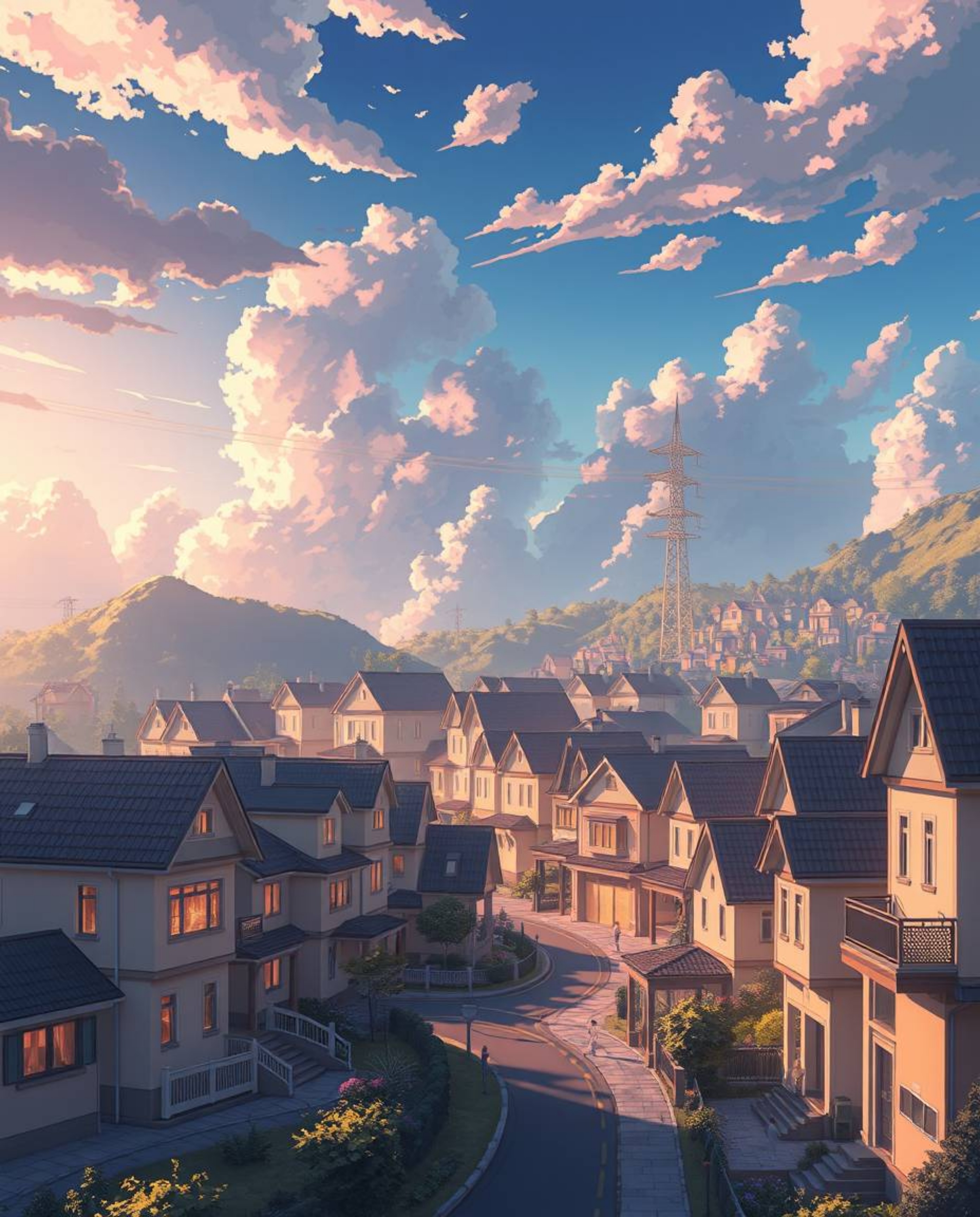 A captivating illustration depicts a sleepy town in an Isekai anime style, featuring pastel-colored houses and modern futuris