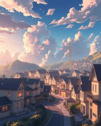 A captivating illustration depicts a sleepy town in an Isekai anime style, featuring pastel-colored houses and modern futuris