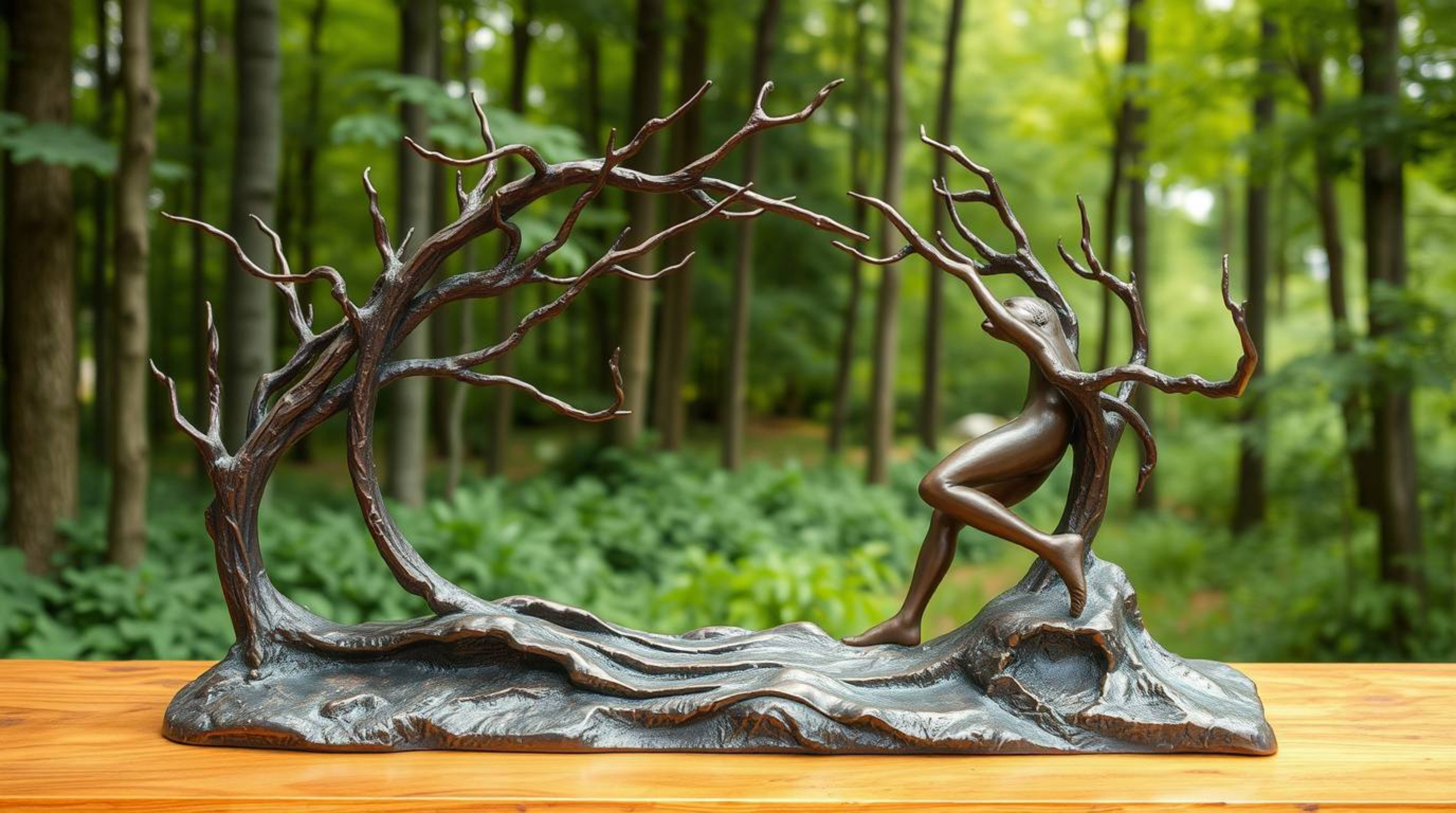 This cast bronze sculpture depicts a graceful chase through a looping forest background, finished with an antique patina.  Th