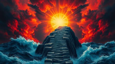 A breathtaking digital artwork depicts a dramatic staircase rising from the ocean towards a stormy sky illuminated by a vibra