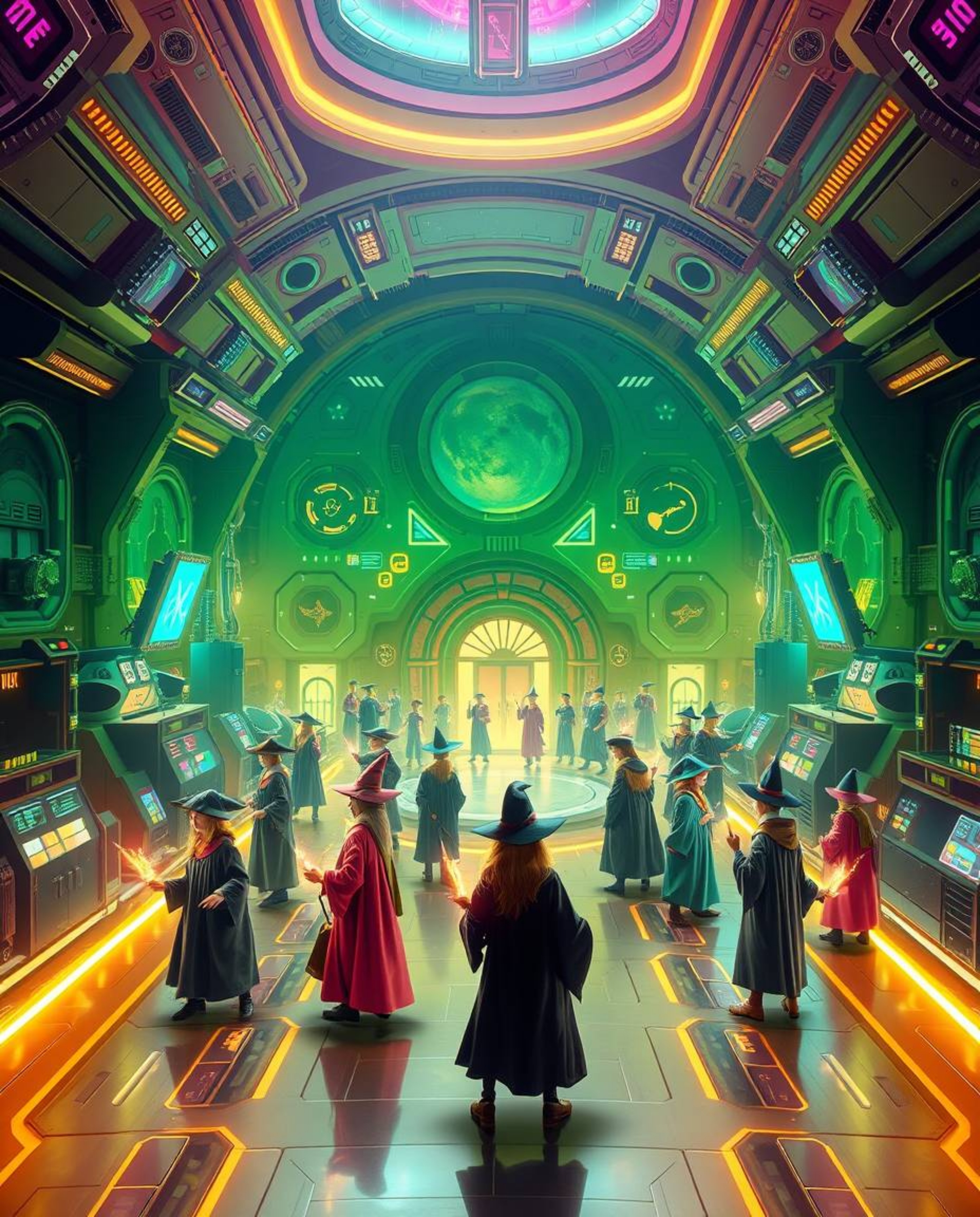 Discover a futuristic magical school brimming with young wizards!  This captivating scene blends advanced technology and spac