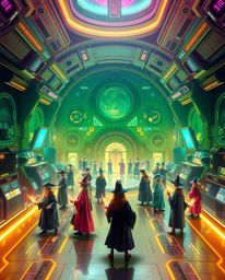 Discover a futuristic magical school brimming with young wizards!  This captivating scene blends advanced technology and spac