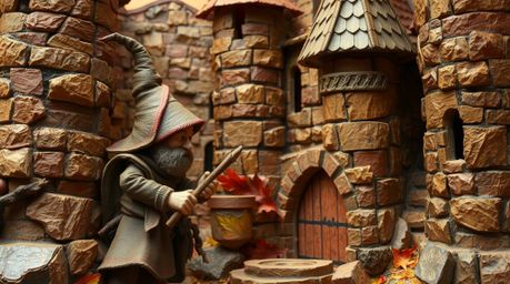 A papier-mâché thief, sculpted in warm autumn colors with visible layering, infiltrates a textured castle adorned with earthy