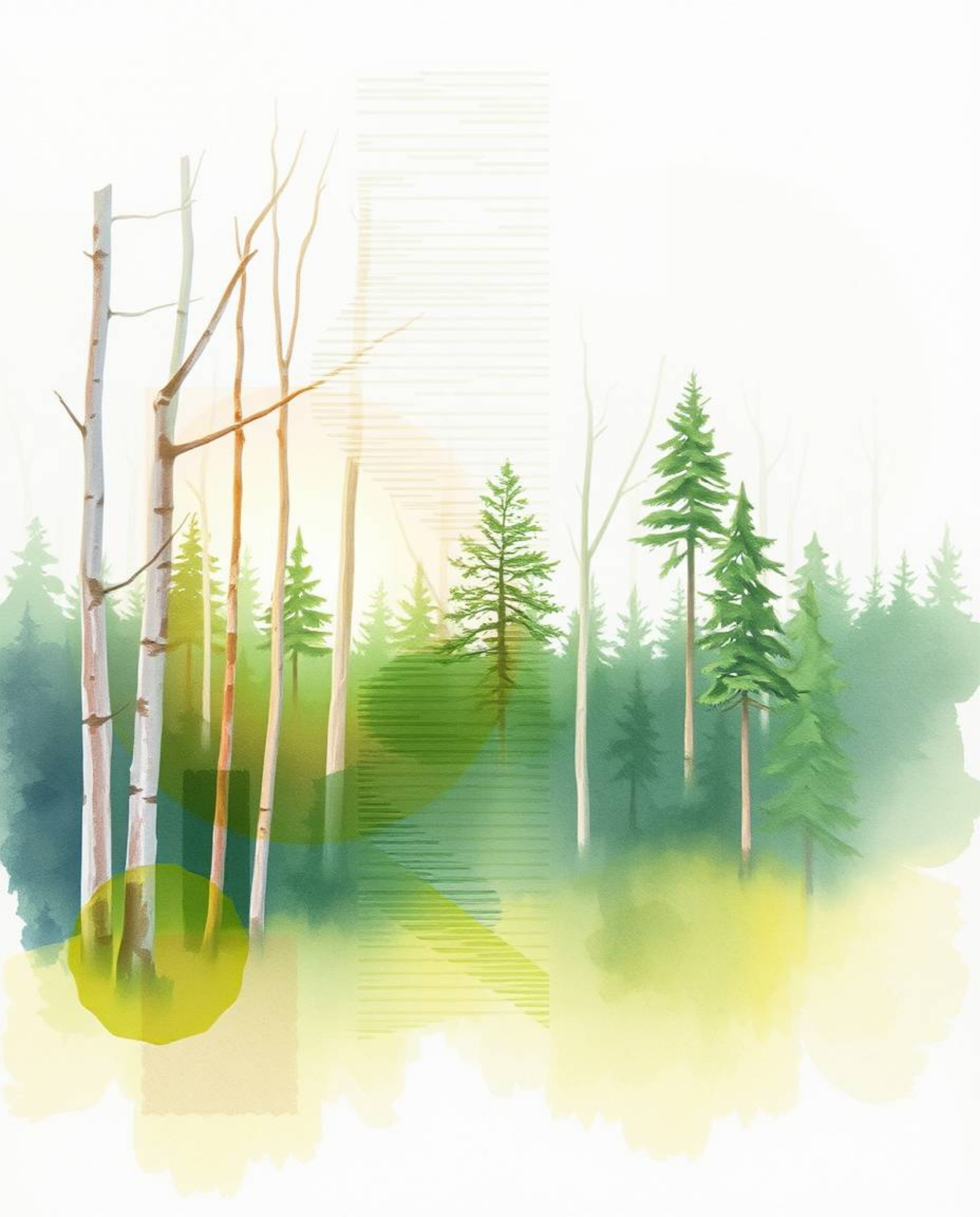 A delicate watercolor painting blends the organic beauty of a natural forest with a digital glitch effect, creating a surreal