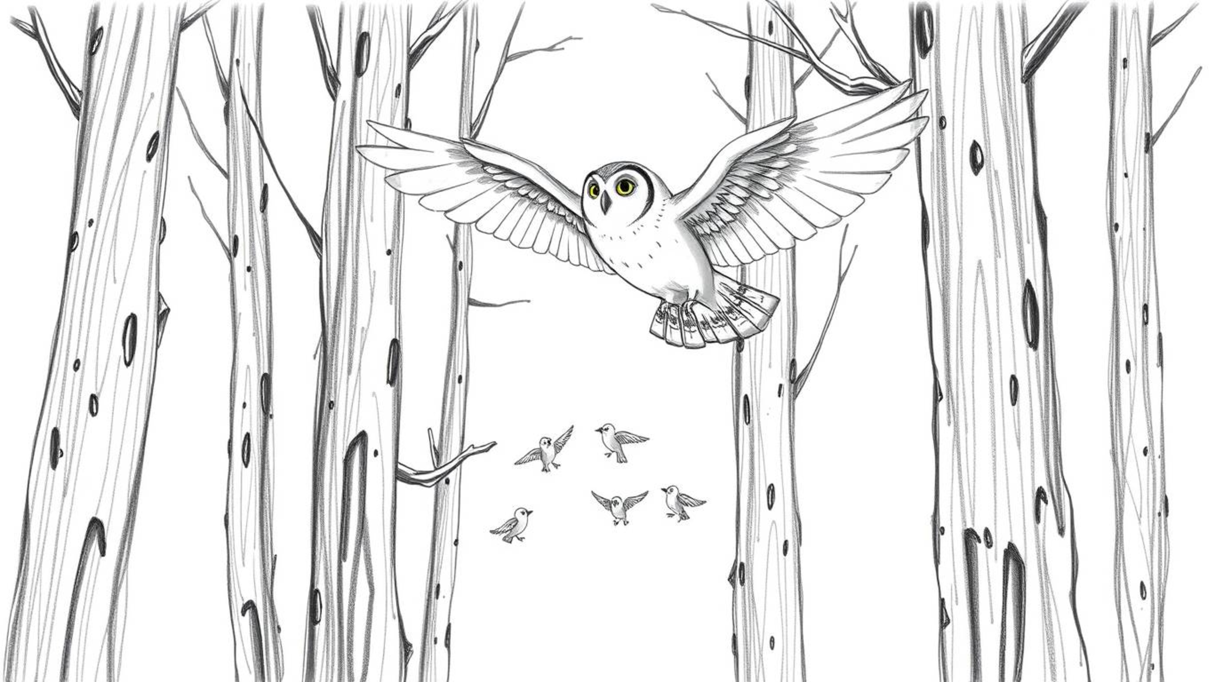 A Pixar-style hand-drawn sketch depicts a blind owl with outstretched wings, gliding gracefully through tall trees while teac