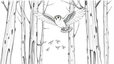 A Pixar-style hand-drawn sketch depicts a blind owl with outstretched wings, gliding gracefully through tall trees while teac