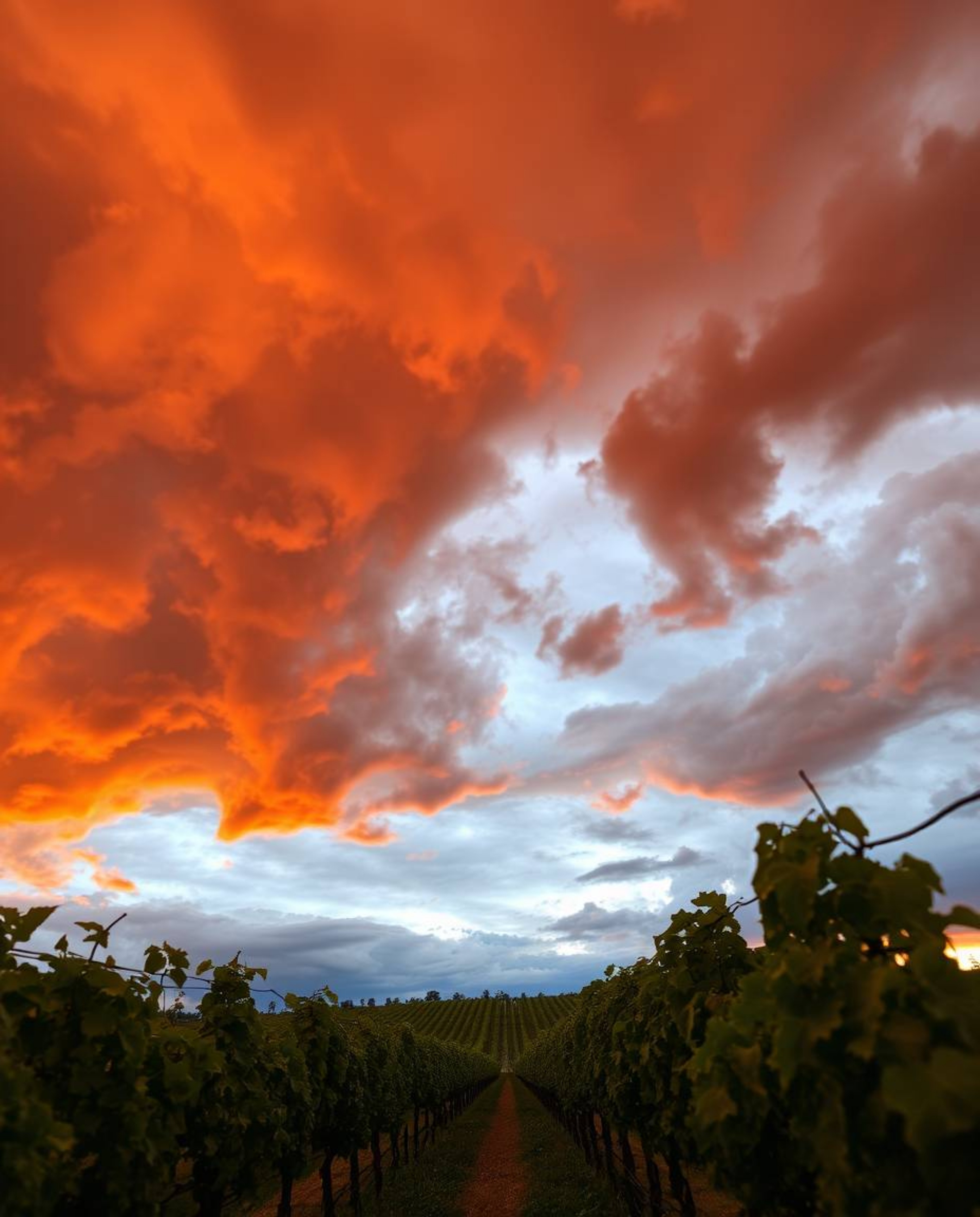 An intense and dramatic sunset unfolds over a vineyard, captured from a powerful low-angle perspective. The scene is filled w
