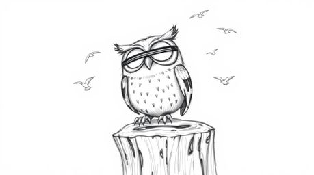This heartwarming sketch depicts a blind owl in a Pixar-esque style, radiating joy as it sits on a rough-textured tree stump 