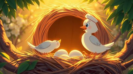 Witness the heartwarming scene of two cartoon birds diligently constructing their nest in a timeless animation style. Bathed