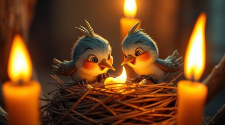 Explore an extreme macro close-up depicting two cartoon birds diligently constructing a nest, rendered in a charming classic