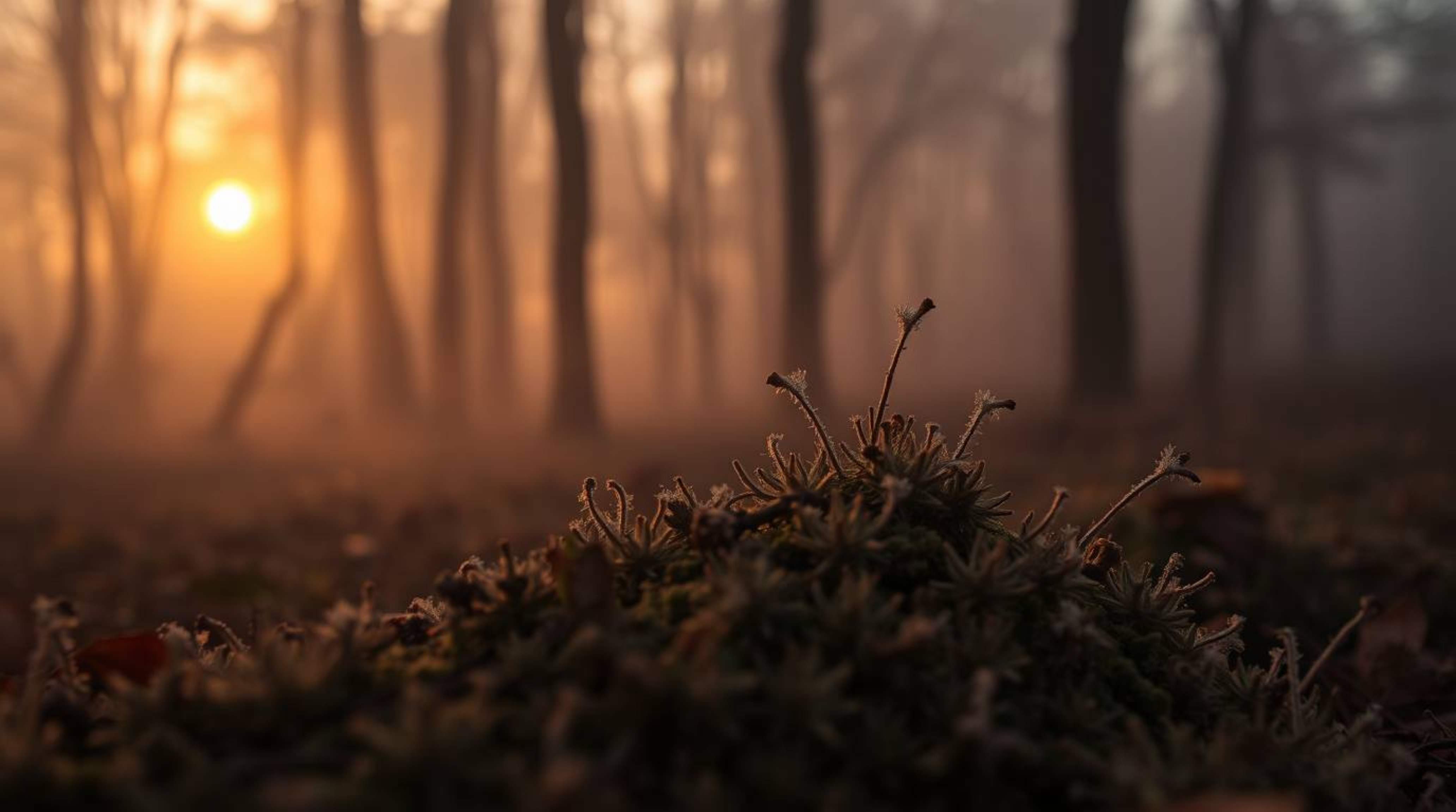 An extreme macro photograph captures the intricate details of a foggy autumn forest at sunset.  Low visibility enhances the t