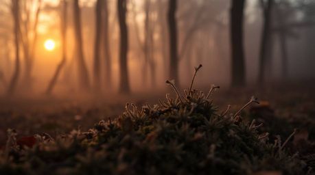 An extreme macro photograph captures the intricate details of a foggy autumn forest at sunset.  Low visibility enhances the t