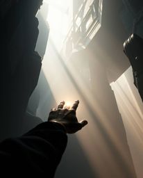 A captivating image depicting a hand reaching towards a gentle, diffused light emanating from darkness.  The scene is epic in