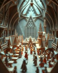 Discover the enchanting world of a magical school filled with young wizards, captured through intricate origami-style macro p