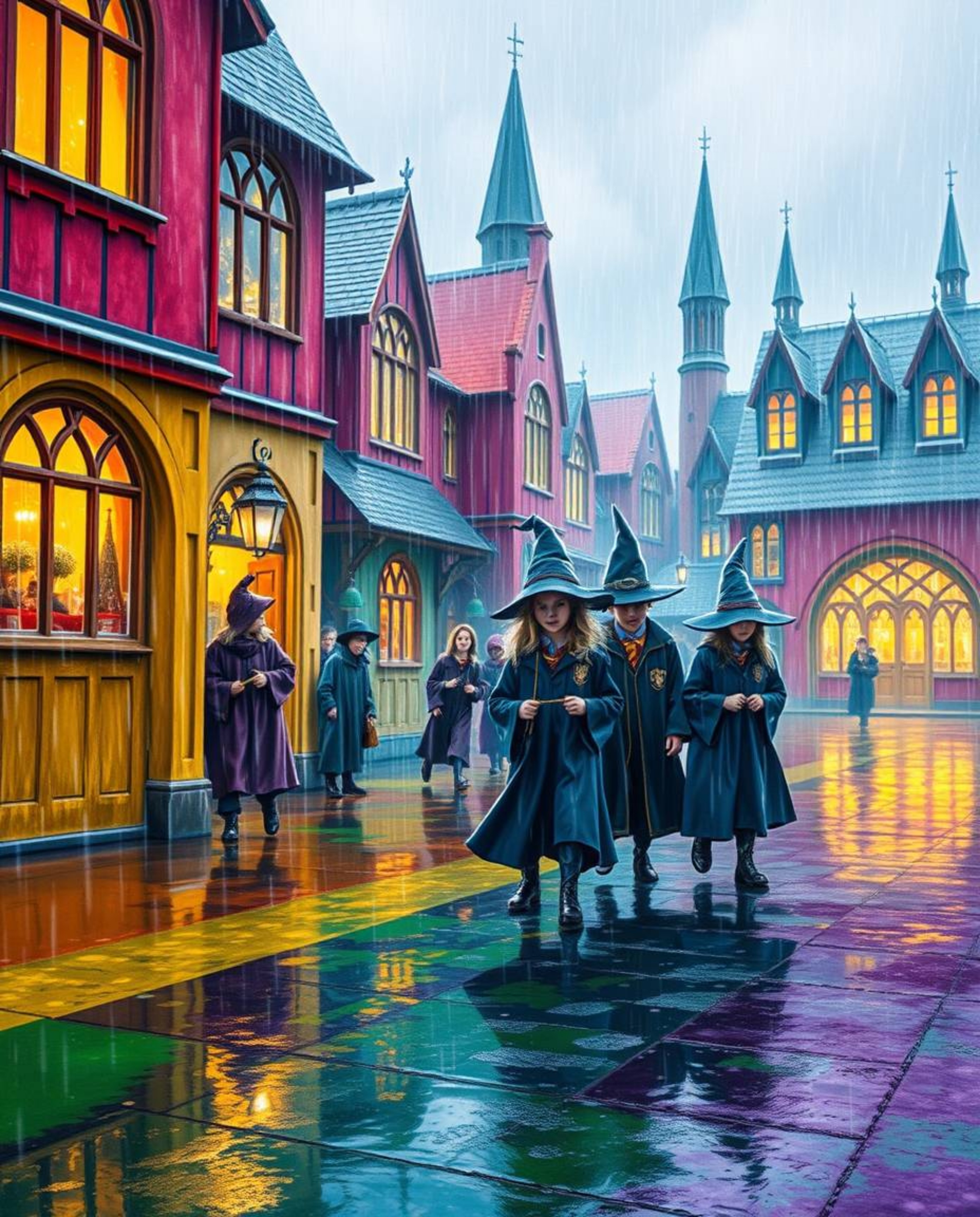 Immerse yourself in a vibrant and magical world with this stunning scene depicting a rainy day at a school filled with young 