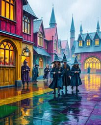 Immerse yourself in a vibrant and magical world with this stunning scene depicting a rainy day at a school filled with young 
