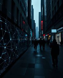 Candid street photography capturing a futuristic digital interface composed of geometric patterns with a holographic effect, 