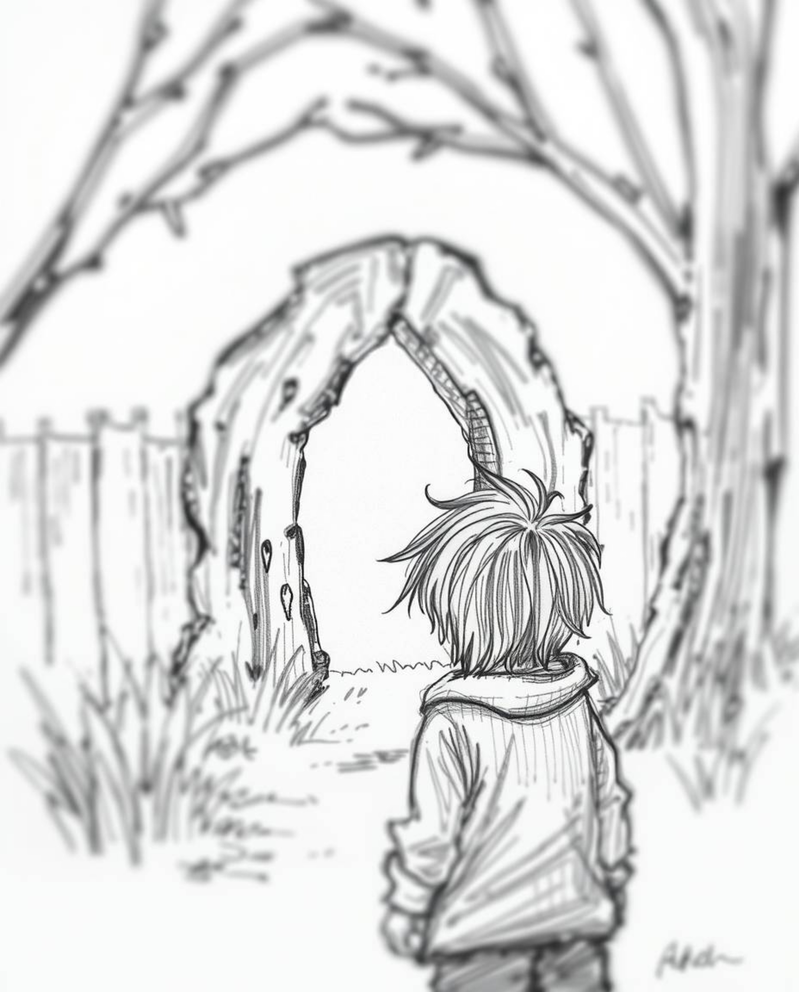 A captivating hand-drawn sketch depicting a child with messy brown hair encountering a magical portal in their backyard. The 