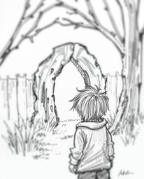 A captivating hand-drawn sketch depicting a child with messy brown hair encountering a magical portal in their backyard. The