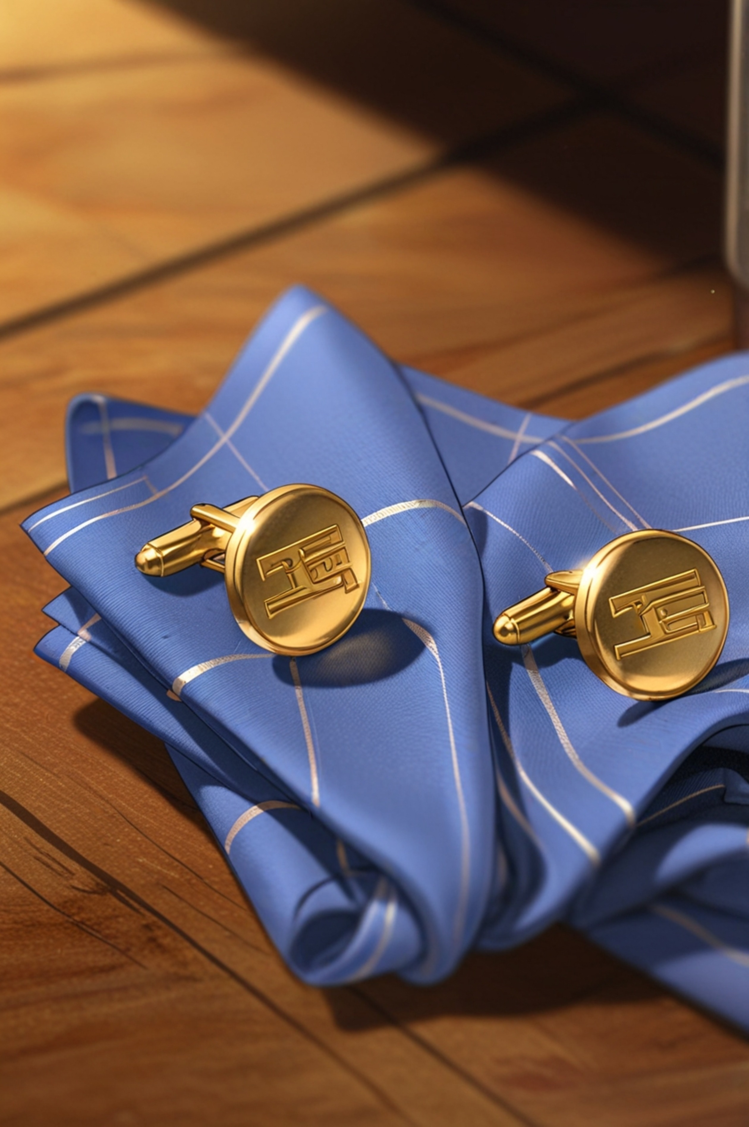 Elevate your style with this sophisticated set featuring golden cufflinks presented on a plush velvet cushion, accompanied by